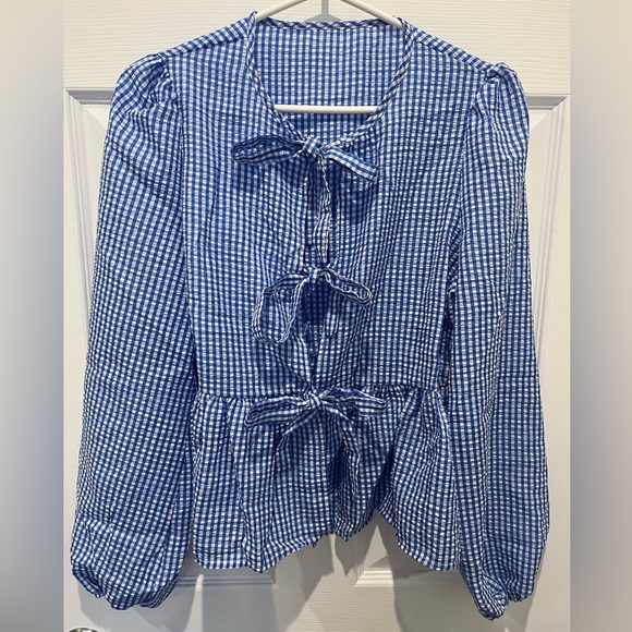 Tops - Blue White Gingham Babydoll Blouse Medium Bows Cottagecore Y2K Bows Coquette